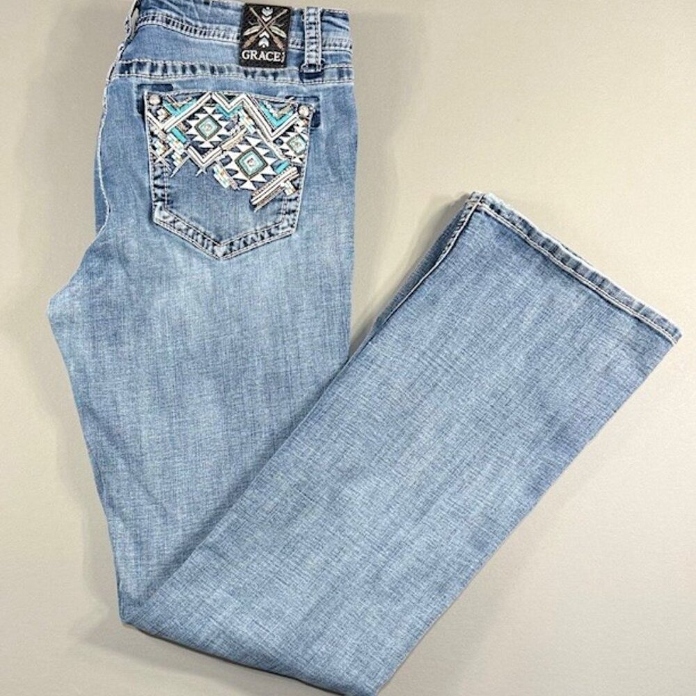 Grace in LA Women's Aztec Teal Embroidered Stonewashed Bootcut Stretch Jeans